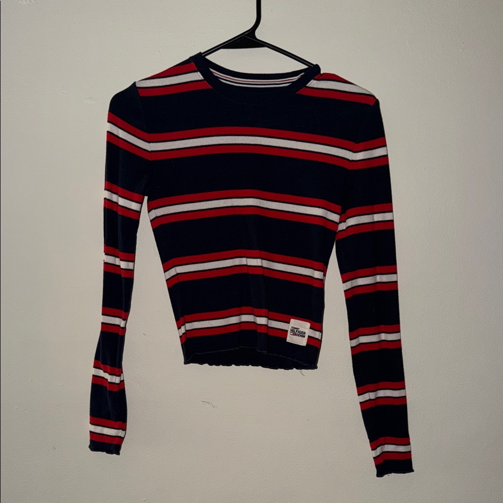 Tommy Hilfiger Red and Black Striped Long Sleeve Tee